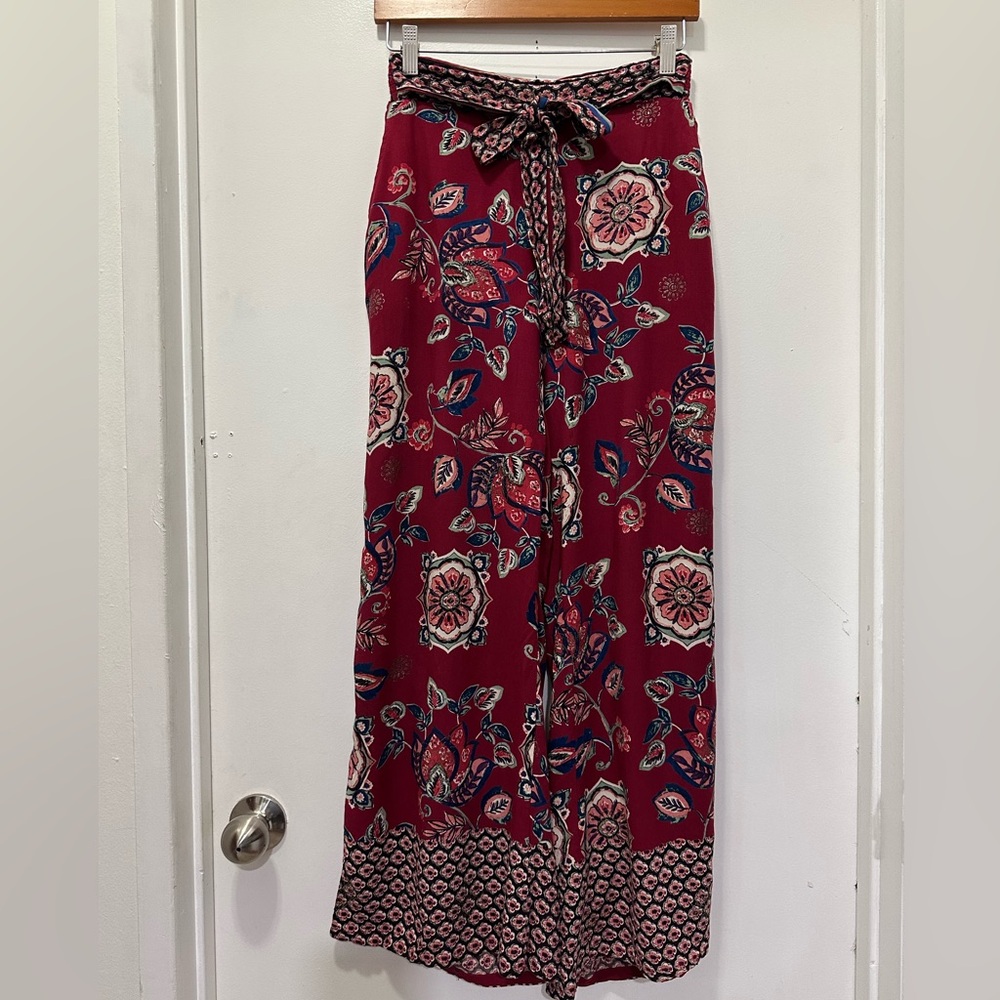 Angie Burgundy Floral Bohemian Tie Waist Wide Leg Pants Sz S